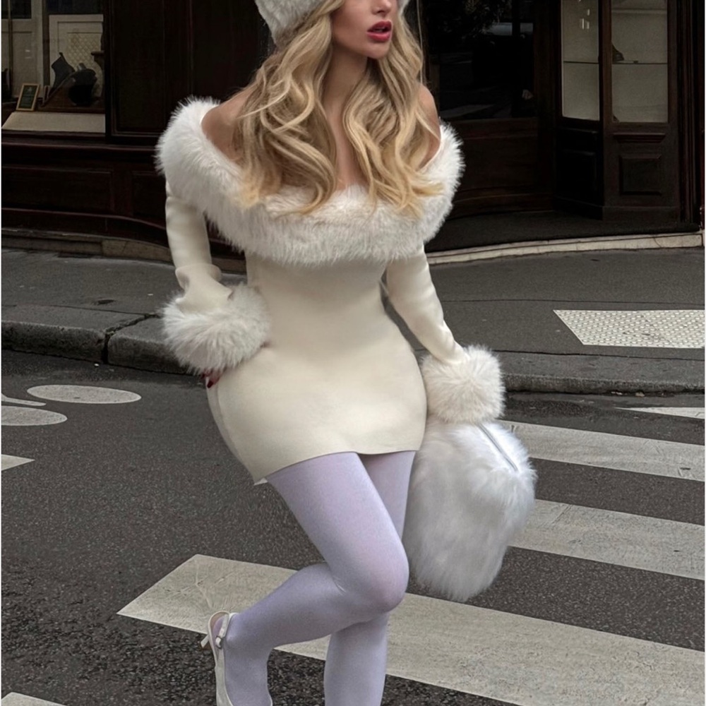 Elegant White Off-Shoulder Dress with Fur Trim